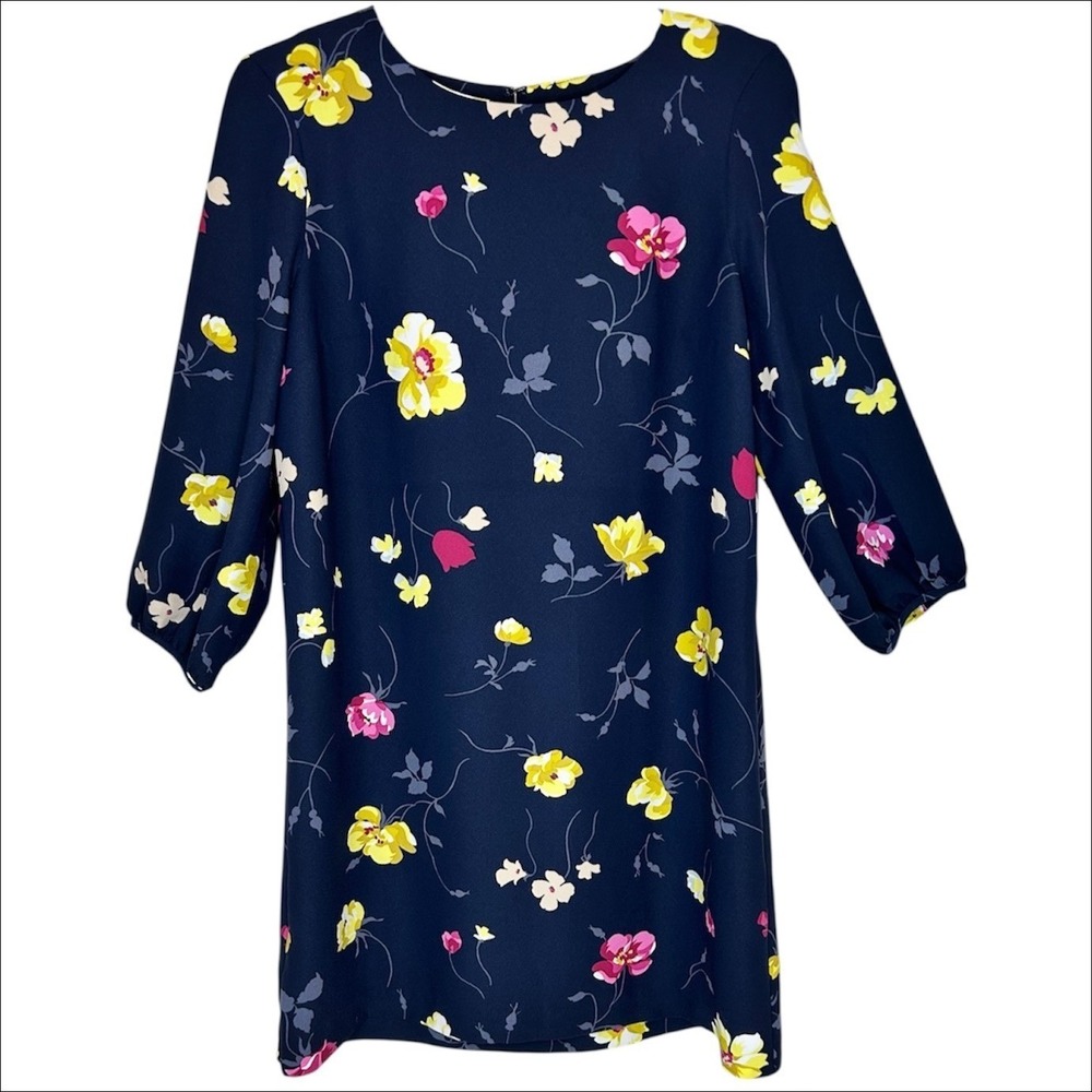 Ann Taylor Floral Shift Dress 8P 8 Petite Navy Blue 3/4 Balloon Sleeve Career - Picture 2 of 7